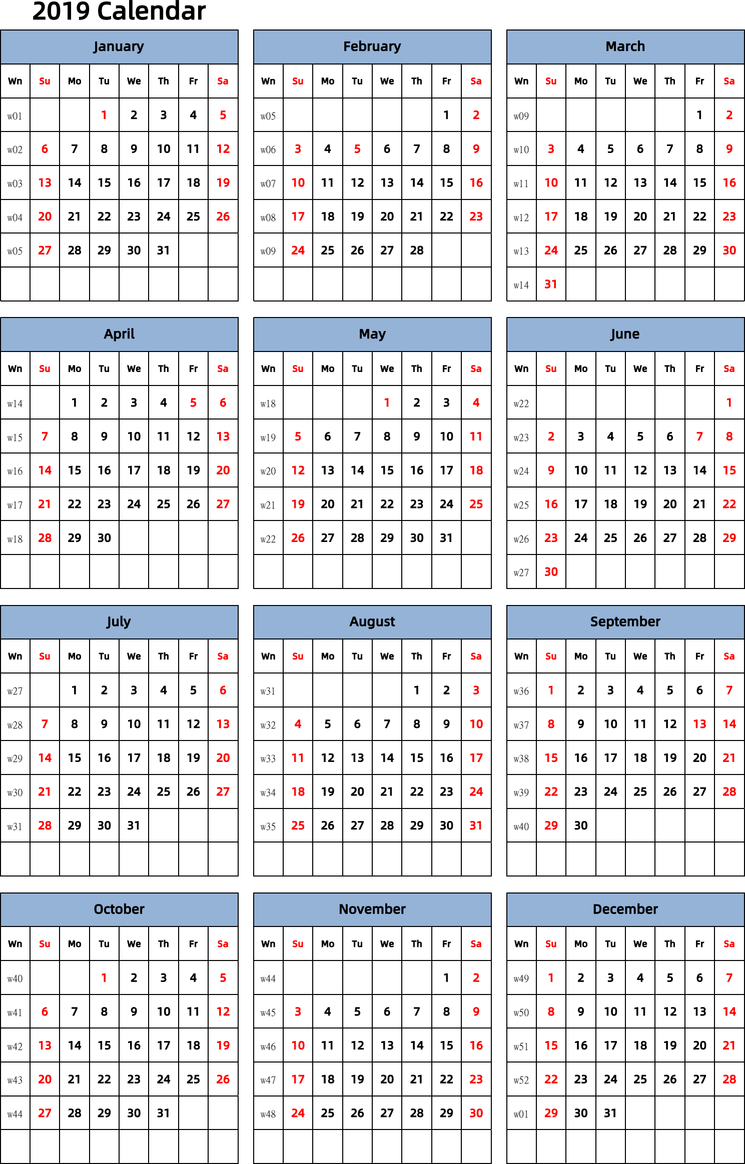 日历表2019年日历 英文版 纵向排版 周日开始 带周数 带节假日调休安排